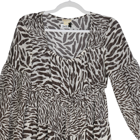 Michael by M Kors Brown Sheer Dress Womens Size M Zebra Wild Ruffle 100% Silk - Picture 2 of 11